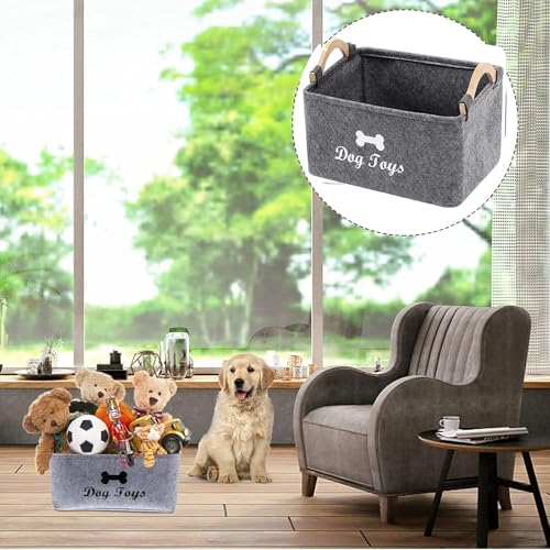 KZXCVS Hundespielzeug-Aufbewahrung aus Filz faltbare Spielzeugkiste mit Griff, 38x25x18cm Tierbedarf-Organizer für Hunde/Katzen (Wasserabweisend, Spülmaschinenfest, Grau)