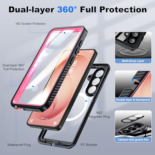 Image of ANTSHARE for Samsung Galaxy S26 Case Waterproof, Built-in Lens & Screen Protector, [Compatible with MagSafe] Shockproof Dropproof Dustproof Full Body Phone Case for S26 6.3 inch-Pink /Clear