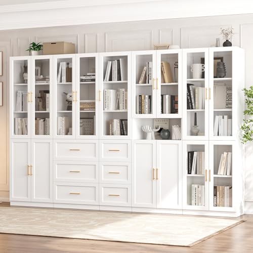 VOWNER Bookcase with Glass Doors & Drawers, 5 Tier Bookshelf with Adjustable Shelf, Modern Large Storage Display Cabinet Set for Home Office, Living Room, White (BDDB)