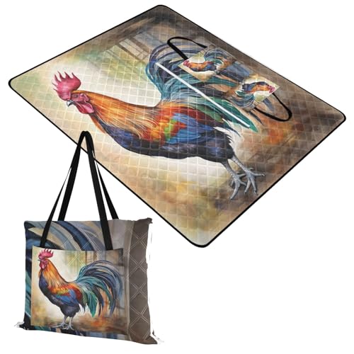 FLildon Farm Rooster Picnic Blankets - Extra Large Waterproof Foldable Portable Picnic Blanket, 80''x118'' Beach Blanket Outdoor Mat for Grass Park, Hiking, Travel