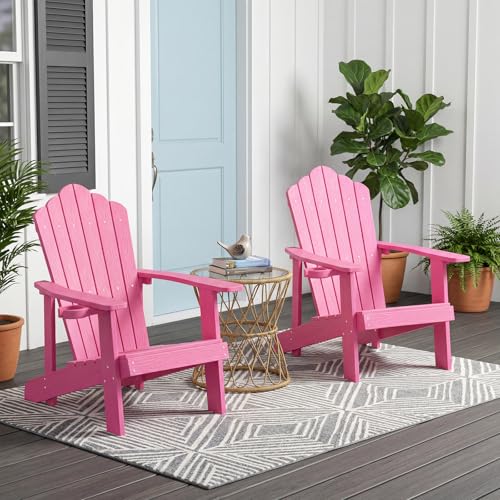 Image of Tangkula Oversized Adirondack Chair, Patio Lounge Chairs w /Adjustable Cup Holder, HIPS Armchairs Slatted Chair, Outdoor Weather Resistant Fire Pit Chair for Deck Backyard Garden Porch (1, Pink)