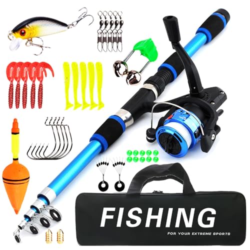 LYPPUL Angelset für Kinder, 1.8M Kinderangel Starter Set, Kinder Angelrute Set mit Angelrolle,Köder Set und Tragetasche,Kohlefaser Teleskop Angelrute und Angelschnurrolle,Angel Zubehör für 3-10 Jahren
