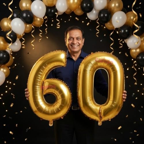 Image of Balloonistics Gold 40-Inch Foil Number 60 Balloon - Helium or Air Fill for 60th Birthday, Anniversary Party Decoration, Photo Booth Backdrop, Cake Table Decor