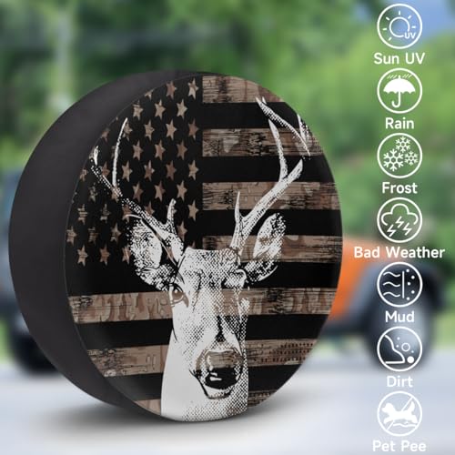Image of American Flag Camo Tire Covers Protectors Weatherproof Dust-Proof Deer Animal Spare Wheel Cover Fit for Jeep Wrangler RV, SUV, Truck Travel Camper Trailer Vehicle 14 inch