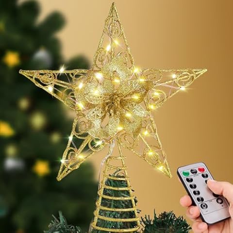 Verdenu Christmas Star Tree Topper, 40 LED Christmas Star Tree Topper Lighted Battery Operated, Flower Treetop Ornament with Remote Controlled for Indoor Xmas New Year Holiday Tree Decoration (Gold) Cover