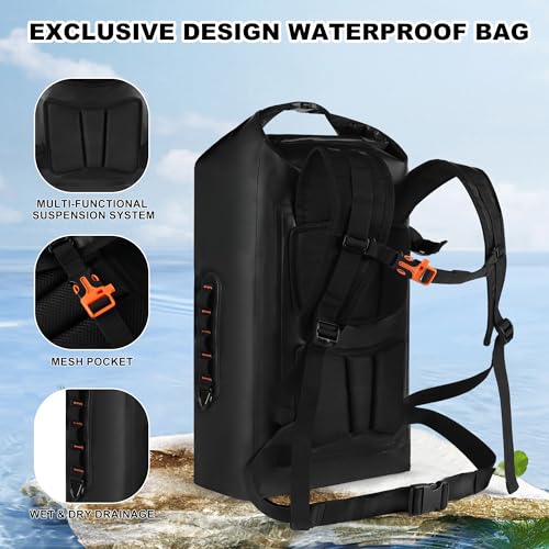 IDRYBAG Wodoodporny plecak dla mężczyzn i kobiet, wodoodporne suche torby na kajaki, Pomarańczowy, 40L, sucha torba