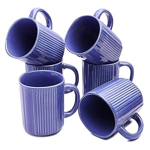Anwaliya Fauna Series Ceramic Coffee Mugs, 280 ml, Set of 6, Dark Blue with White Lines