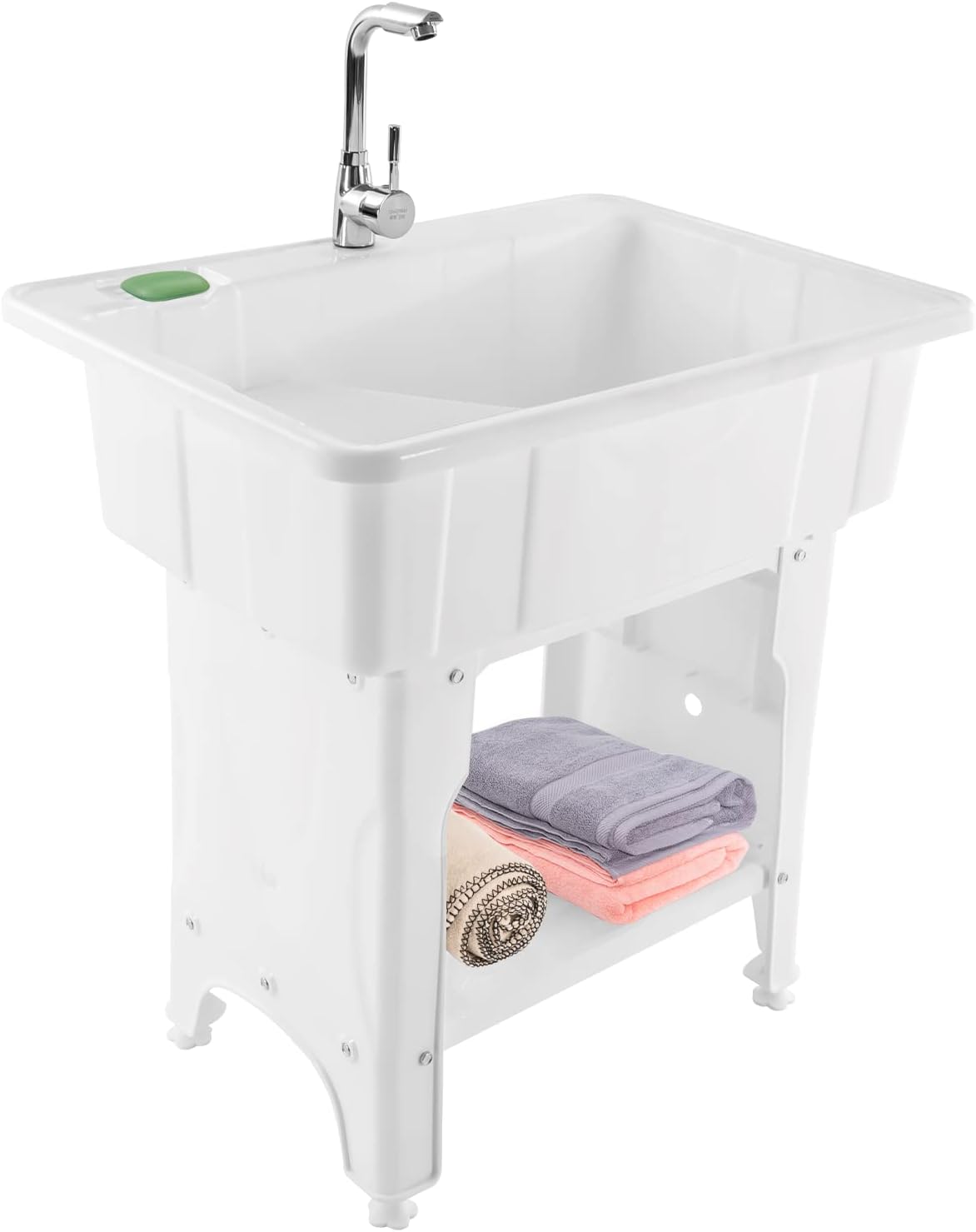 Freestanding Plastic Laundry Sink with Washboard, Storage Shelf, Hot/Cold Water Faucet, Hoses, and Drain Kit - Ideal Utility Sink for Indoor and Outdoor Use
