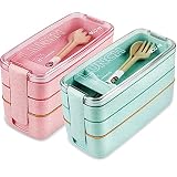 2 Pack Bento Lunch Box, Iteryn Stackable Bento Box, 3-In-1 Compartment - Wheat Straw, Leakproof Eco-