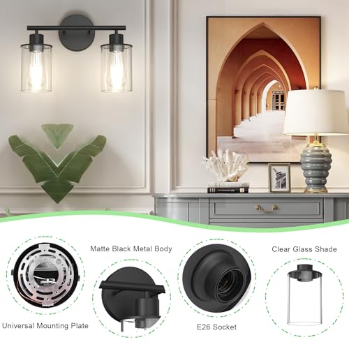 Image of Aipsun Black Vanity Light 2 Lights Farmhouse Bathroom Lights Fixtures Over Mirror with Clear Glass Shade(Exclude Bulb)