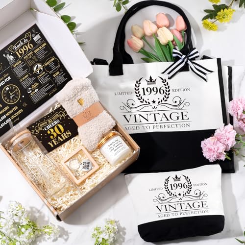 Image of iAOVUEBY 30th Birthday Gifts for Women, Cool Gifts for 30 Year Old Woman, Thirty Birthday Canvas Tote Bag Tumbler Candle Gift Basket Ideas Daughter Mom Sister Friend Wife Coworkers