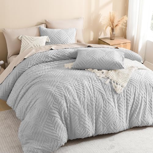 Image of Litanika Super King Plus Comforter Light Grey, 3 Pieces Tufted Boho Farmhouse Bedding Comforter Set, Lightweight Fluffy All Season Comforter Set (120x128In Comforter & 2 Pillowcases)