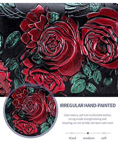 Women's Leather Wallet RFID Blocking Large Capacity Double Zip Floral Hand Painted Embossed Clutch Purse4