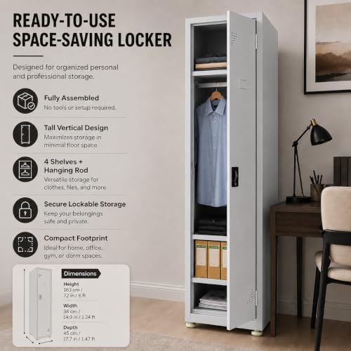 Image of Amazon Brand - Solimo Single Door Steel Locker Cabinet with 4 Shelves & Hanging Rod | Lockable Metal Storage Cupboard for Home, Office, Gym, School & Factory | Powder Coated, Grey