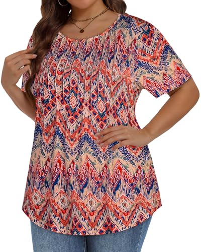 Image of Plus Size Tops for Women Pleated Summer Top Trendy Short Sleeve Shirts Casual Basic Tee Crew Neck Blouses 2026