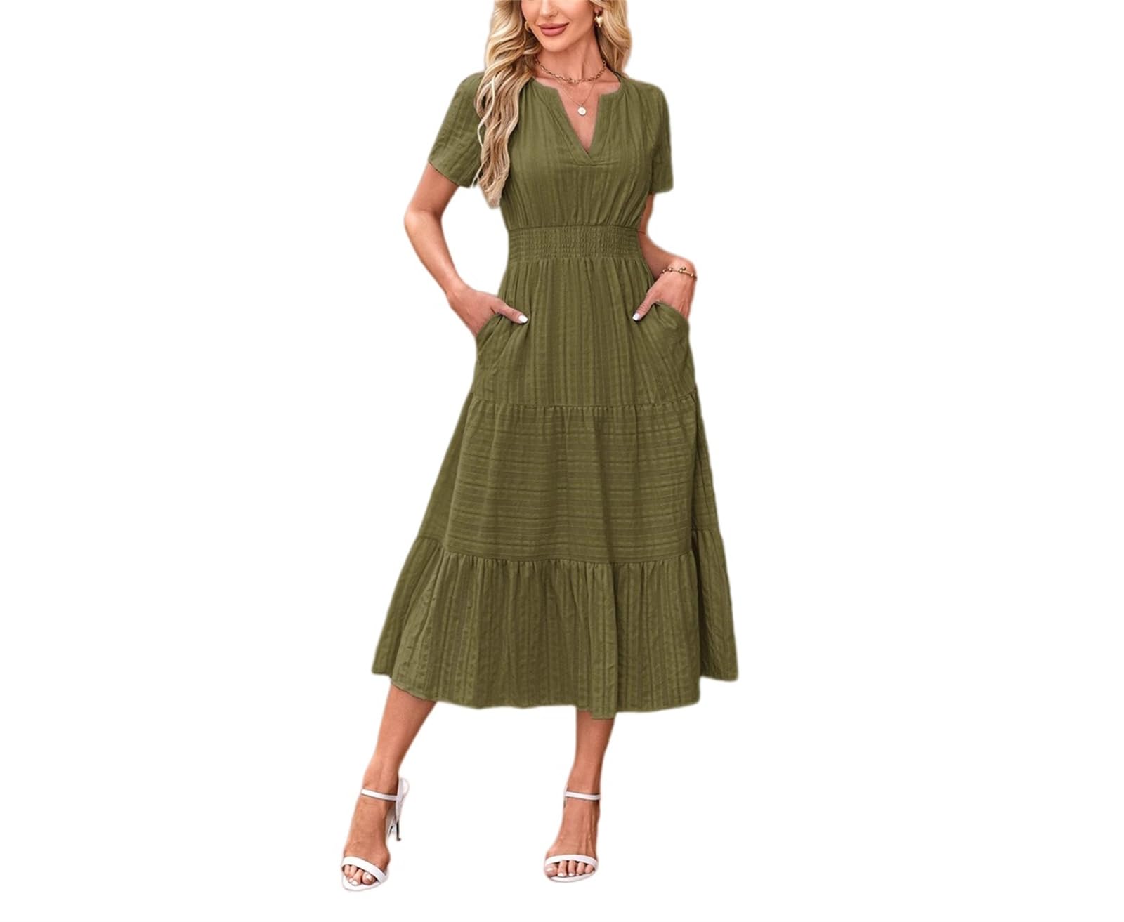 Vestido Largo Maxi de Verano para Mujer 2026 con Cuello en V, Manga Corta, Fruncido, Volantes escalonados y caída fluida. Ideal para Fiestas en la Playa.