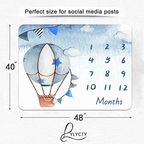 Image of Blue Baby Monthly Milestone Blanket, Cartoon Hot Air Balloon Star Newborn Photo Blanket, 48x40 Inches