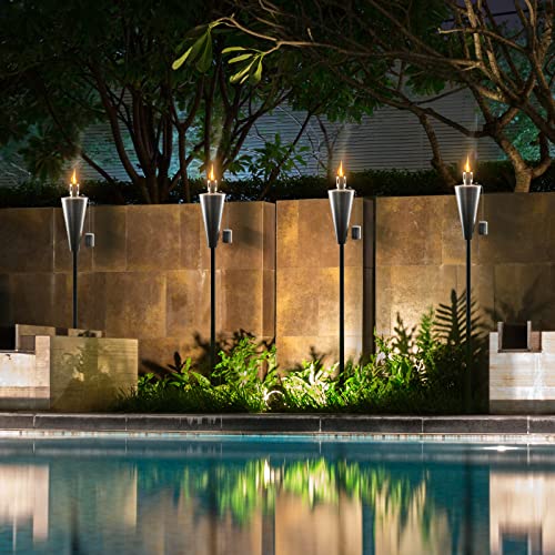 Matney Stainless Steel Torches for Outside - Outdoor Torches - Patio Garden & Yard Lights - 5 ft Oil Lamp for Citronella - Fiberglass Wick & Snuffer Cap - Set of 4 (Cone)