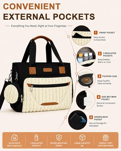 Image of FHELAD Diaper Bag Tote for Women, Baby Diaper Bag 16L (Black-White) | 5 Insulated Pockets, Changing Pad, Pacifier Case, Stroller Clip, 15.6 Inch Laptop Compartment, Detachable Shoulder Strap