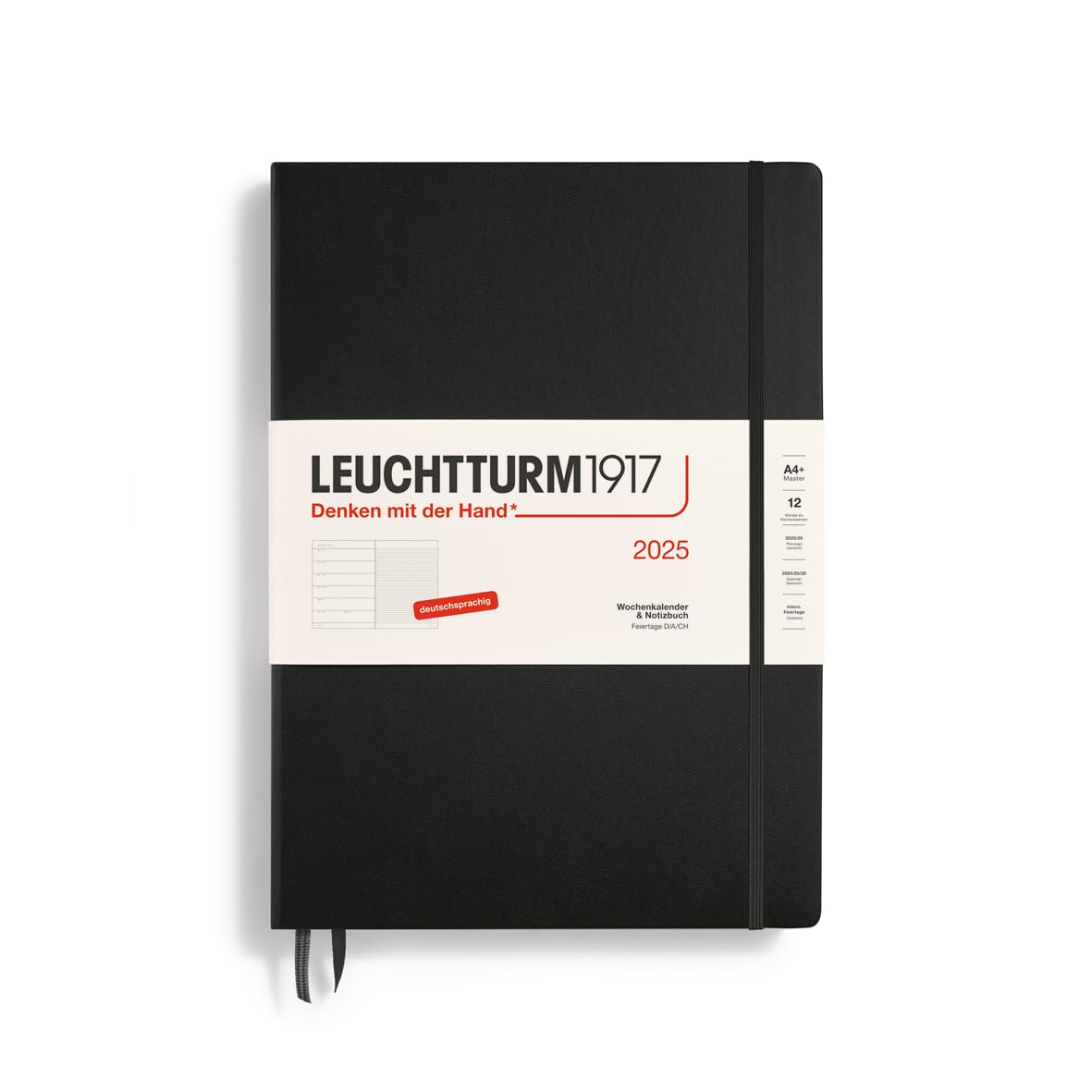 LEUCHTTURM1917 370475 agenda semanal y cuaderno de notas Master (A4+) 2025, Negro, Alemán