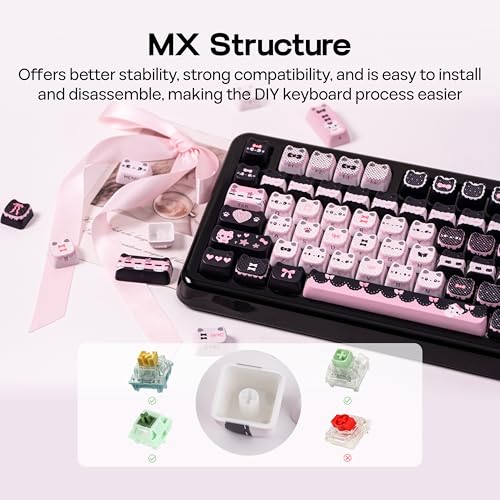 Image of KiiBOOM Cute Cat Keycaps Set, Mao Profile, Cat Shape | PC+ABS Keycap for MX Switch Mechanical Keyboard, Compatible with 60%, 65%, 75%, TKL, 96%, Full-Sized Layout (Meow Bow)
