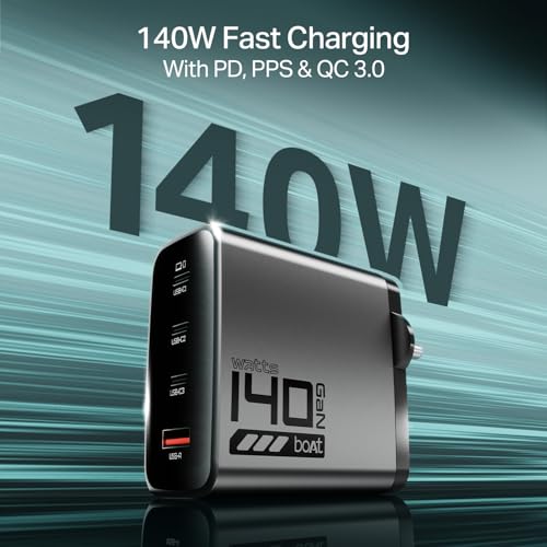 Image of boAt 140W GaN Charger with 140W Fast Charging, PD 3.1, PPS & QC 3.0 Support, 4 Charging Ports (3X Type-C & 1x USB-A), GaN Chip Technology, Smart Power Distribution, Compact & Lightweight (Ash Grey)