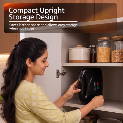 Image of Amazon Basics 2-Slice Sandwich Maker 750W | Non-Stick Coated Plates | Thermostatic Temperature Control | Cool-Touch Handle | Power & Ready Indicator Lights | Overheat Protection | Upright Storage Design | BIS Certified | Black