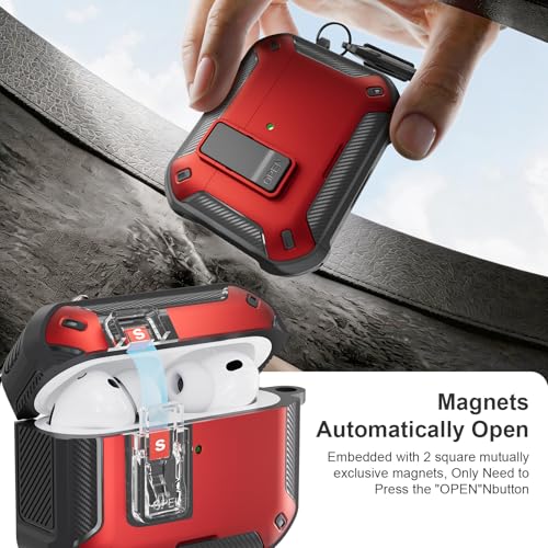 Image of for AirPods Pro 3 Case with Magnetic Lock and Phone Stand, Compatible with Magsafe Charging,with Carabiner&Cleaner kit for Apple iPod Pro 3rd Generation Cover(2025) Men Women (Red)