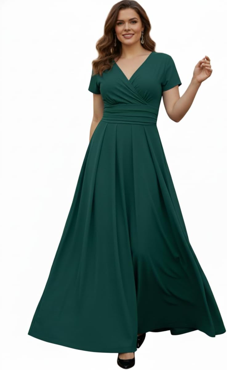 KOH KOH Womens Long Pleated Cap Sleeve Faux Wrap V-Neck Modest Maxi Dress
