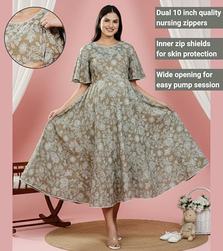 Image of DUMMY SHAPE Feeding Kurtis for Women Cotton Rayon | Printed Pregnancy Flare Kurta with Nursing Zippers to Pre & Post Partum | Maternity Dresses | Gifts for Pregnant Woman