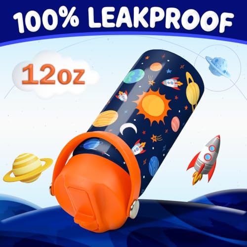 Image of SANDJEST Space Water Bottle - Kids Water Bottle with Straw Lid - 12 Oz Insulated Stainless Steel Water Bottles for Kid Boys Girls - Travel Cup for School Sports