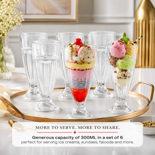 Image of CELLO Falooda Glass Set of 6 Pcs 300ml, Transparent | Freezer & Fridge Safe, Leadfree Dishwasher Safe Toughened Crystal Clear Glasses Set for Drinking Juice Milkshake Cocktail Mocktail Coldrinks Soda