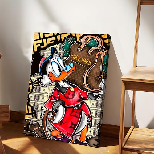 Image of Luxury Cartoon Duck Money Pop Art Canvas Painting For Living Room | Work Hard Success Theme Graffiti Wall Art Painting | Modern Street Style Artwork for Home & Office, 41x56 cm