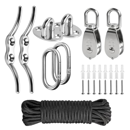 CARAGO M20 Stainless Steel Washing Line Pulley System Heavy Duty Clothesline Kit with 20m Nylon Washing Line Rope 360 Swivel Pulley Blocks Cleat Hooks and Wall Fixings Clothes Lines For Outside