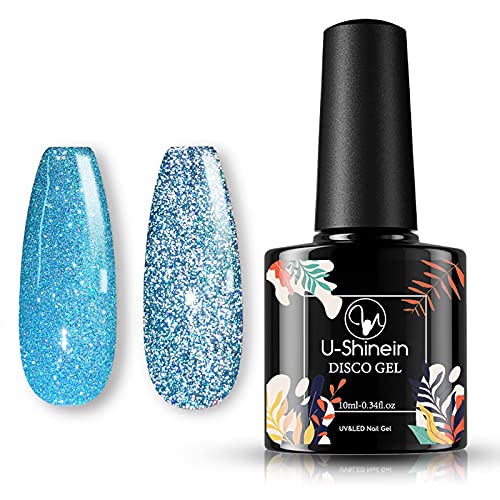 U-Shinein Reflective Diamond Nail Polish, Blue Diamond Disco Glitter Nail Polish Gel Sparkling Reflective Diamond Polish Gel Shimmery Holographic Nail Polish for Nail Art Manicure