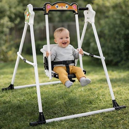 Image of BabyGo Kids Swing for 1-5 Years | Heavy-Duty Metal Frame Baby Swing Seat with Safety Belt | Indoor & Outdoor Foldable Toddler Swing | 30kg Capacity | Easy DIY Installation - Black & White