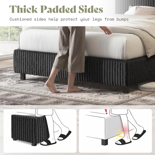 Image of AMERLIFE Twin Bed Frame, Upholstered Metal Platform Bed with Vertical Channel Tufted Headboard, Soft Fabric & Strong Metal Slats, Noise-Free /Easy Assembly, Black Twin Metal Bed and Headboard