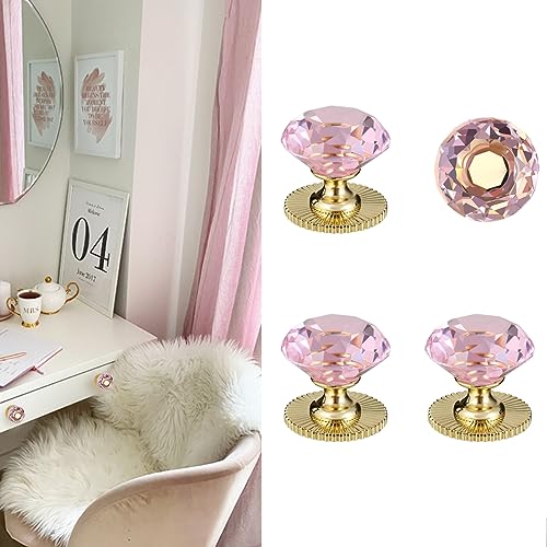 Elistonie Selbstklebende Kristallgriffe für Spiegelschränke und Kommoden, Schublade, 40 mm, diamantförmige Glasknäufe (4 Stück, Rosa und Gold)