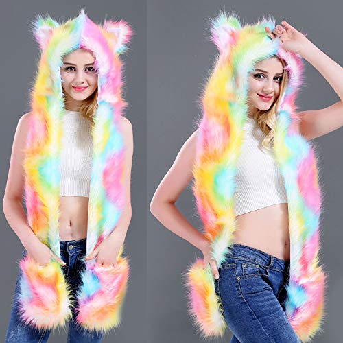 Women Furry Animal Hat Scarf Gloves Mittens Colorful Plush Hoodie Paws4