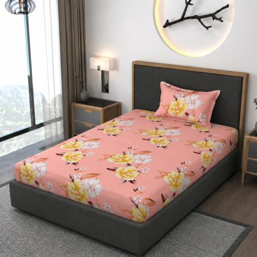 Image of Vaini Premium Heavy Cotton Elastic Fitted Bedsheets with 1 King Size Pillow Covers || Single Bed with All Around Elastic 350 TC || 36 x 78 x 6 Inch Single Size Fitted || :- Baby Pink Flower