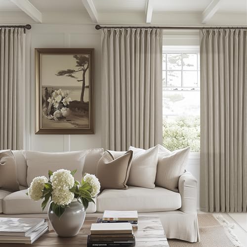 Image of Taupe Burlywood Pinch Pleat Linen Curtains 102 Inches Long 70 Inch Wide for Patio Sliding Door Light Filtering Semi Sheer Pleated Drapes Back Tab Extra Wide 70 x 102 Curtain for Living Dining Room