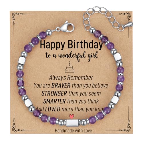 Image of AryaHozel 4mm Natural Stone Bracelet with Birthday Cards, 6-21 Year Old Birthday Gifts for Girls Daughter Granddaughter Niece Sister Women Friends