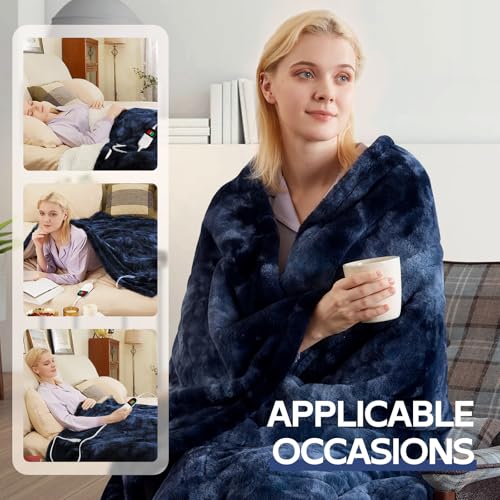 Image of MAXEVE Electric Heated Throw Faux Rabbit Fur Blanket with 8 Heating Levels & 8 Hours Auto Off, Fast Heating Warm Cozy Sherpa Washable Blanket with Over-Heat Protection, ETL Certification, Blue