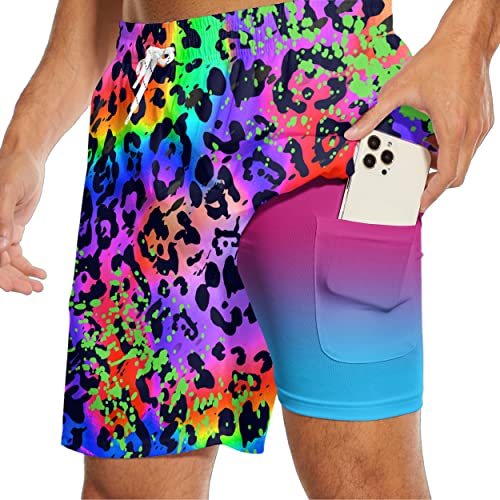 Neon Mens Swim Trunks with Compression Liner Leopard Swim Trunks Men Board Shorts Men's Swimsuit 7 Inch Inseam3