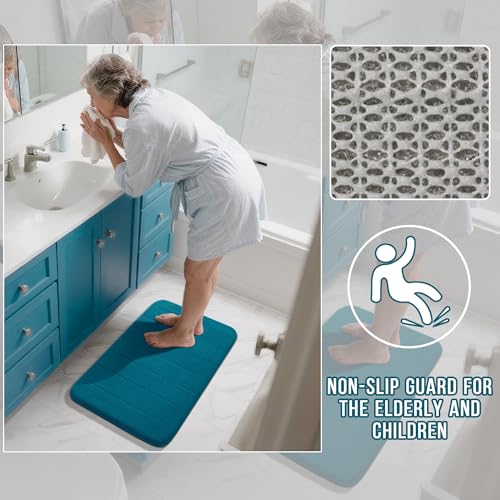 Image of Yimobra 2 Pieces Memory Foam Bath Mat Sets, 17x24+44.1x24 Inches for Bathroom Rugs, Toilet Mats, Non-Slip, Soft Comfortable, Water Absorption, Machine Washable (Peacock Blue, 17 inchx24 inch+31.5 inchx19.8 inch)