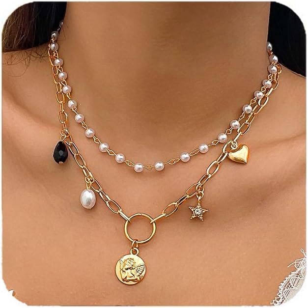 Gold & Pearl Multi Layered Choker Necklace | Boho Aesthetic Coin Pendant Fashion Jewelry | 2PCS Layering Necklaces for women