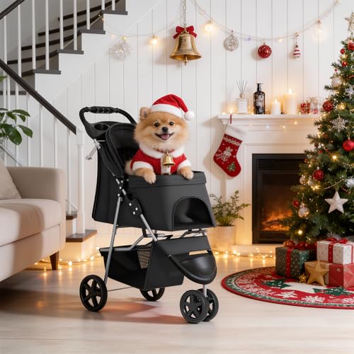 MoNiBloom Foldable Pet Stroller with Weather Cover, 3 Wheels Pet Strolling Cart for Small/Medium Dogs and Cats with Storage Basket and Cup Holder, Breathable and Visible Mesh for All-Season, Black - Image 3