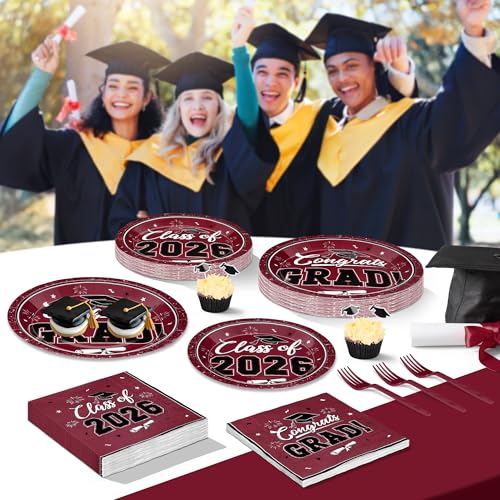 Image of QZYL 200Pcs Graduation Supplies Set, Burgundy Graduation Plates, Napkins, Dessert Plates and Plastic Forks, Disposable Grad Party Supplies for 50 Guests, Grad tableware for 2026 School Ceremony