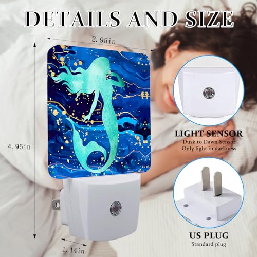 Image of Summer Mermaid Fish Night Light, Plug-into Wall Blue Sea Marble Nightlight Lamp with Dusk to Dawn Sensor, Led Lamp 0.5W Energy Efficient for Boys Girls Adults Home Decor