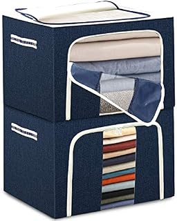 Stackable Clothes Storage Boxen Bags - With Steel Frame 2X 72L, Tulab Foldable Oxford Storage box with lid, Clear Window, Reinforced Carry Handles, Waterproof, Organizer Container bins set for Closet